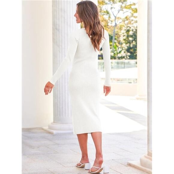 White Ribbed Knit Tie Front Bodycon Long Sleeve Belted Midi Sweater Dress - Picture 4 of 6